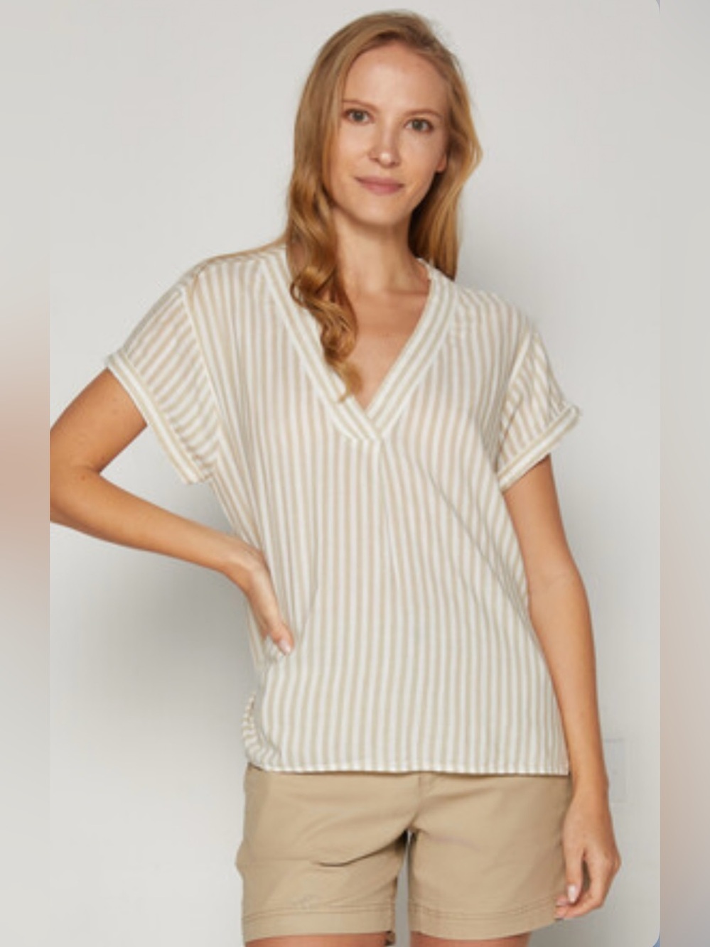 GAP Striped V-Neck Short Sleeve Top - Cream & Beige